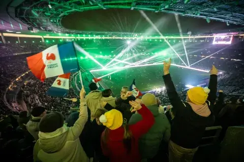 Ambiance au Stade de France lors du match France Irlande du Tournoi des Six Nations 2026, supporters et XV de France