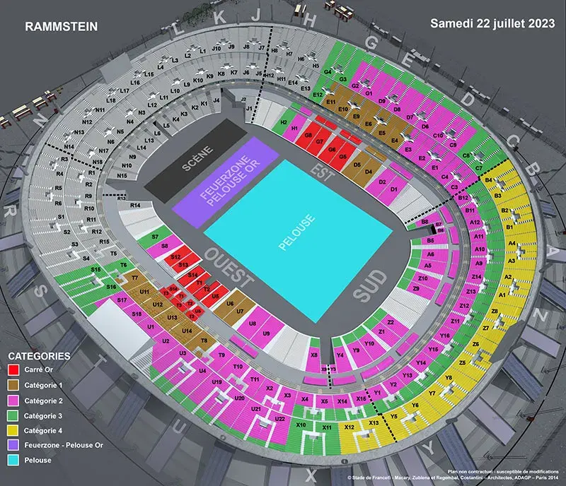 Plan de salle du concert RAMMSTEIN le 22 juillet au Stade de France
