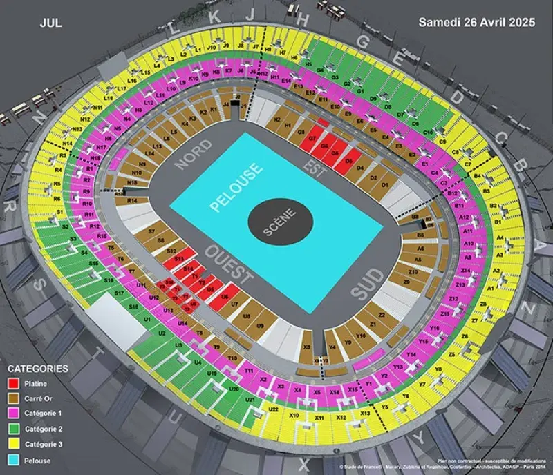 Plan de salle concert JUL le samedi 26 avril 2025 au Stade de France