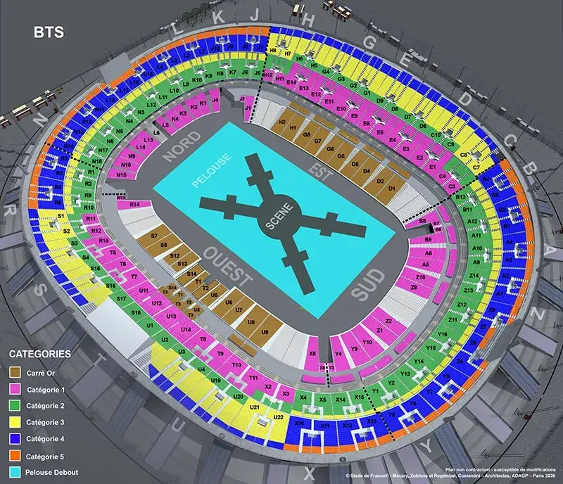 Plan billetterie des concerts de BTS au Stade de France les 17 et 18 juillet 2026